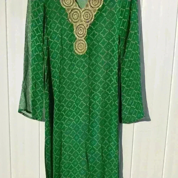 MONISHA JAISING FOR TABLA - GREEN TILE PATERN LONG TUNIC Gold TRIM Size S NWOT - Picture 5 of 9